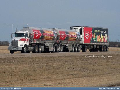 One of the triple trucks that takes tankers and a 53 foot van between Regina and Saskatoon Saskatchewan